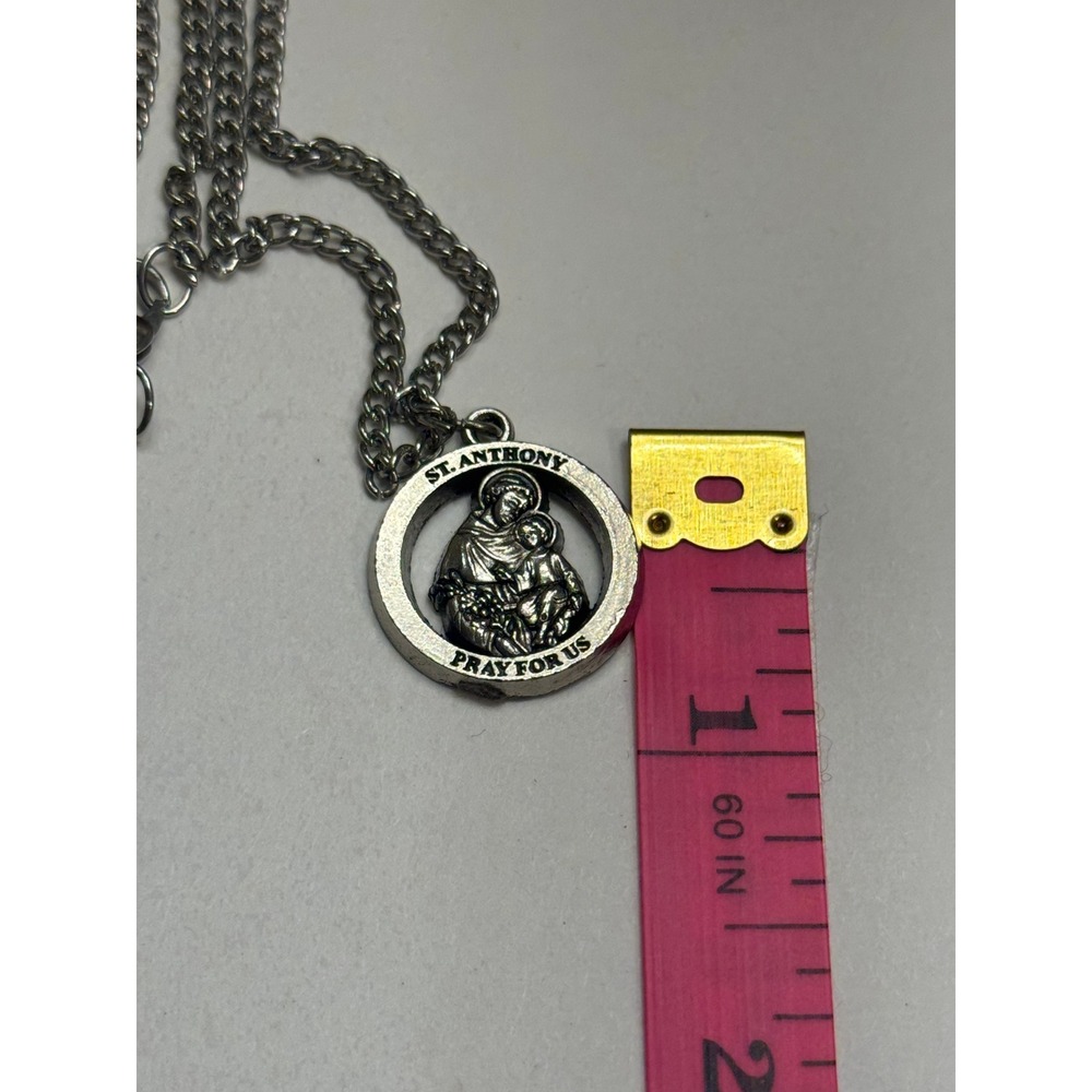 St Anthony Pray For Us Religious Medal Necklace Silver Tone Round Pendant‎ Chain
